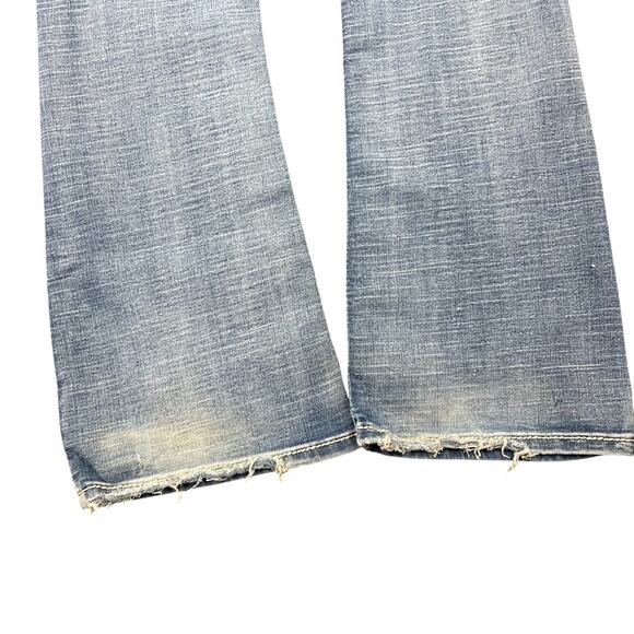 Ariya Jeans Sz 7/8 Y2K Flare Low Rise Flap Pocket Embroidered Distressed Stretch - Picture 8 of 10